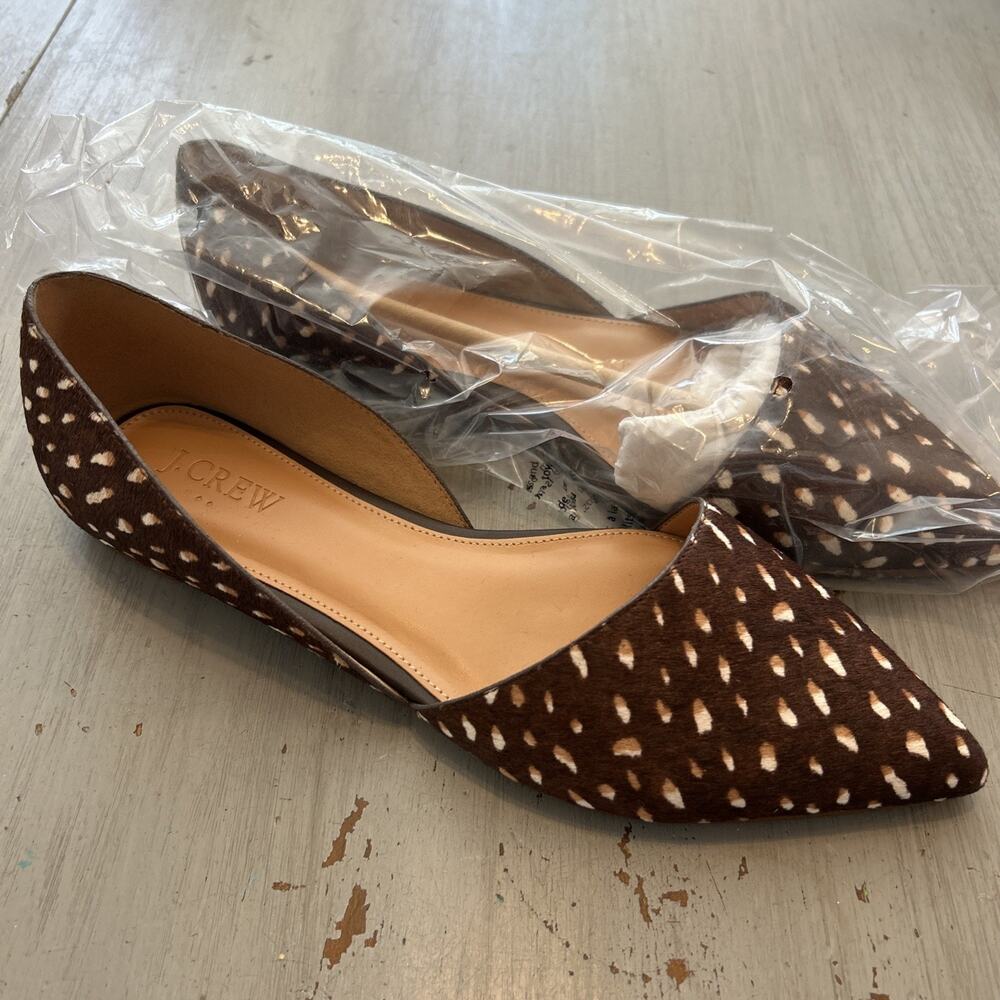 J Crew Pebbled Brown Zoe Calf Hair D Orsay Flats Sz US 8.5 NEW Animal Print